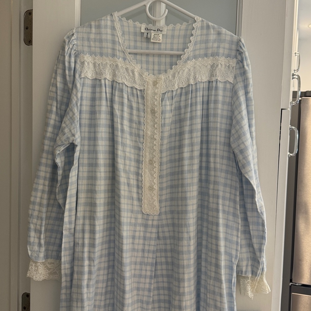 Christian Dior vintage blue plaid white gingham nightgown 100% cotton Saks fifth